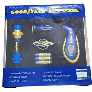 Goodyear Road Ready Kit Storage Tin Keychain Flashlight Tire Gauge Car Charger